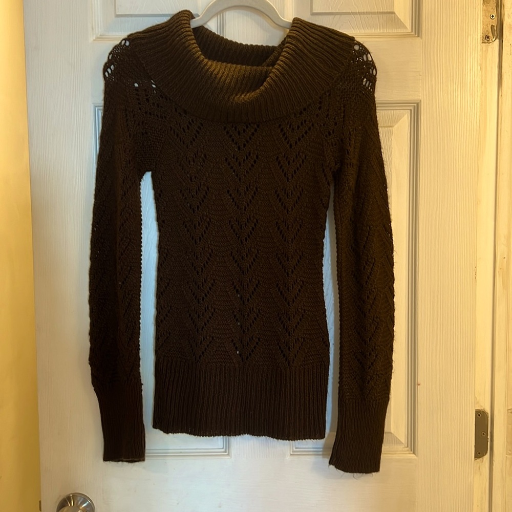 Brown Eyelit Cowl Neck Sweater